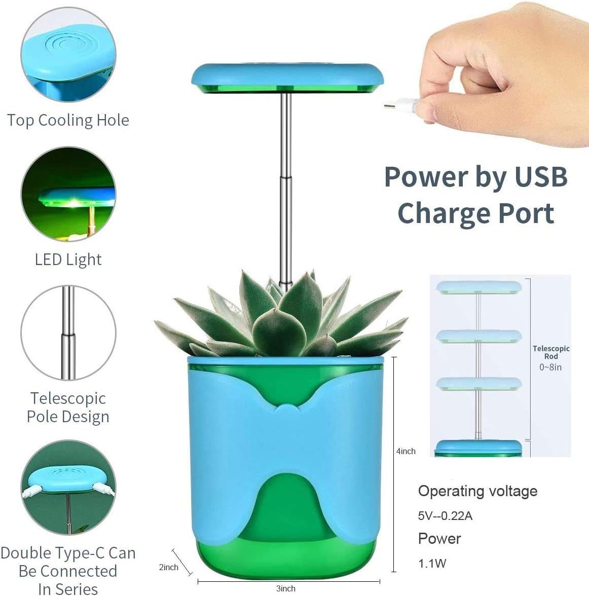 meinno A Tiny Garden in Your Palm. Growing is Fun Again.Telescopic LED Lights, Multiple mounts, and self-Watering System Brings Thriving Plants Everywhere. (Blue)