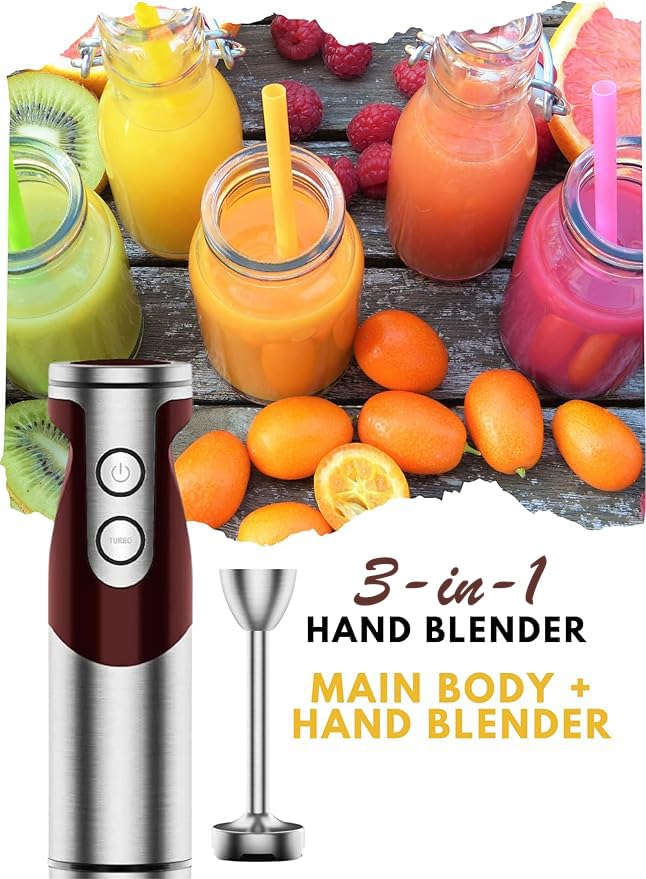Image of MegaWise 3-in-1 Hand Blender Set with Variable Speed Control, 400W Immersion Blender - Includes Whisk, Milk Frother, Chopper, and Beaker for Smoothies, Soups, and Baby Food (RED)