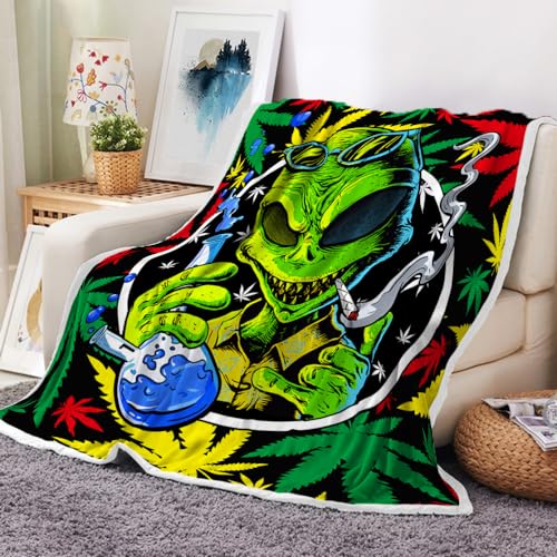 Wathon Trippy Weed Marijuana Throw Blanket, Cool Alien Marijuana Leaf Soft Warm Cozy Plush Comfy Blanket For Couch Bed Sofa thumb #1