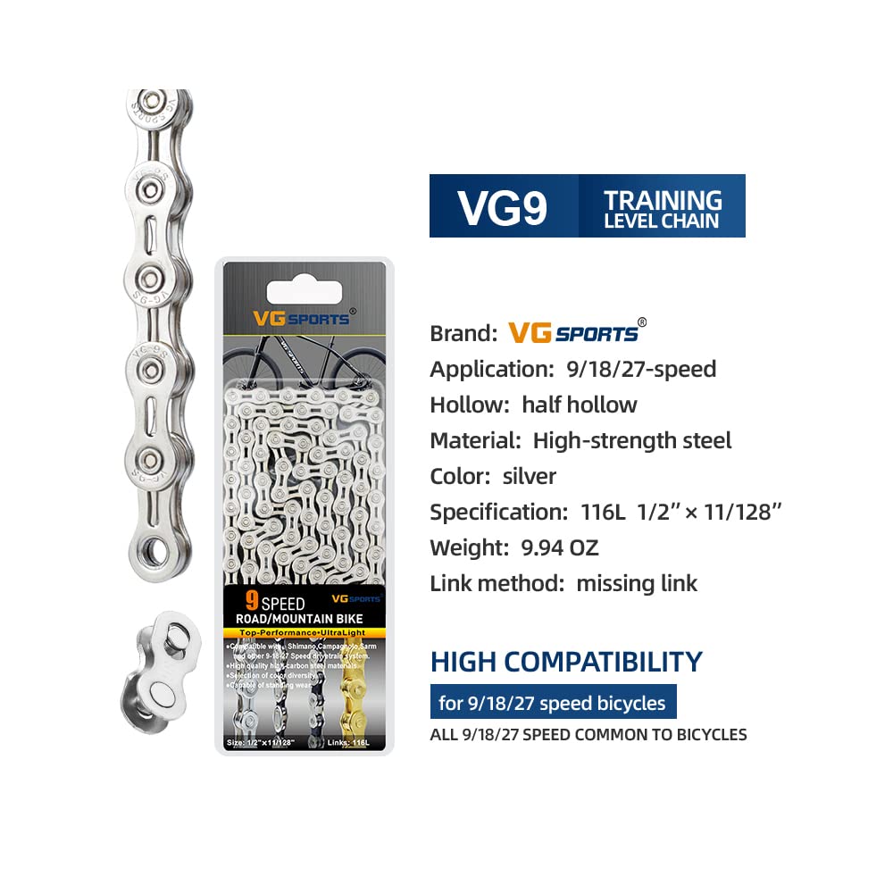VG SPORTS Cadenas de bicicleta de 6/7/8/9/10/11 velocidades, cadenas de bicicleta ligeras medio huecas para bicicleta de carretera/MTB/BMX, plata/oro/titanio/arco iris con eslabón perdido