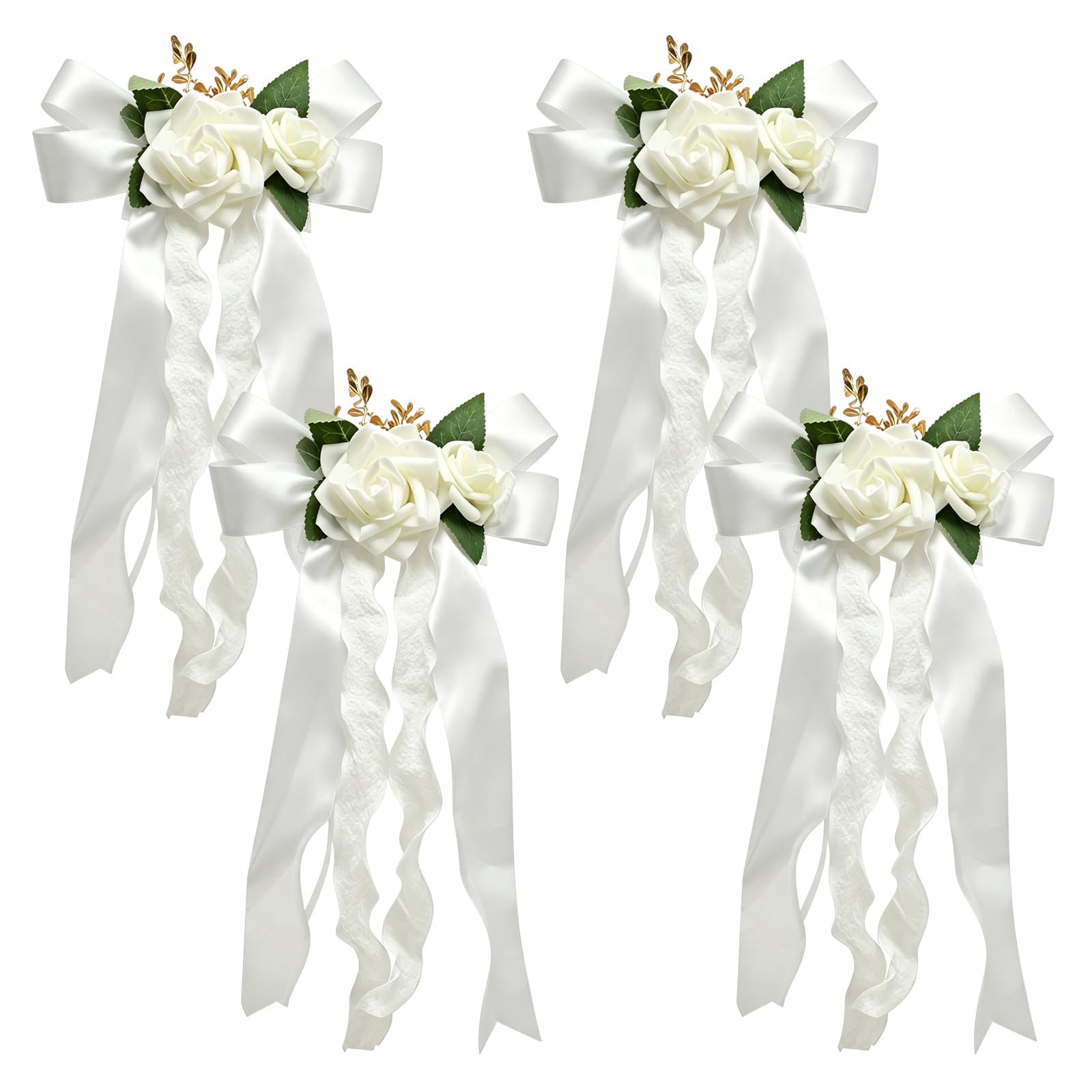 MospdyGear 4 PCS Just Married Car Door Handle Decorations, White Artificial Flowers with Elegant Ribbon Bows, Ideal Automotive Accessories for Weddings — image 1
