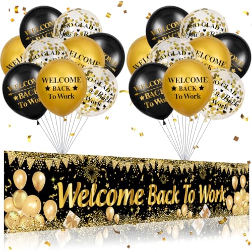 Black Gold Welcome Back To Work Decoration Welcome Back To Work Banner and Balloons for Office Indoor Outdoor Party Supplies