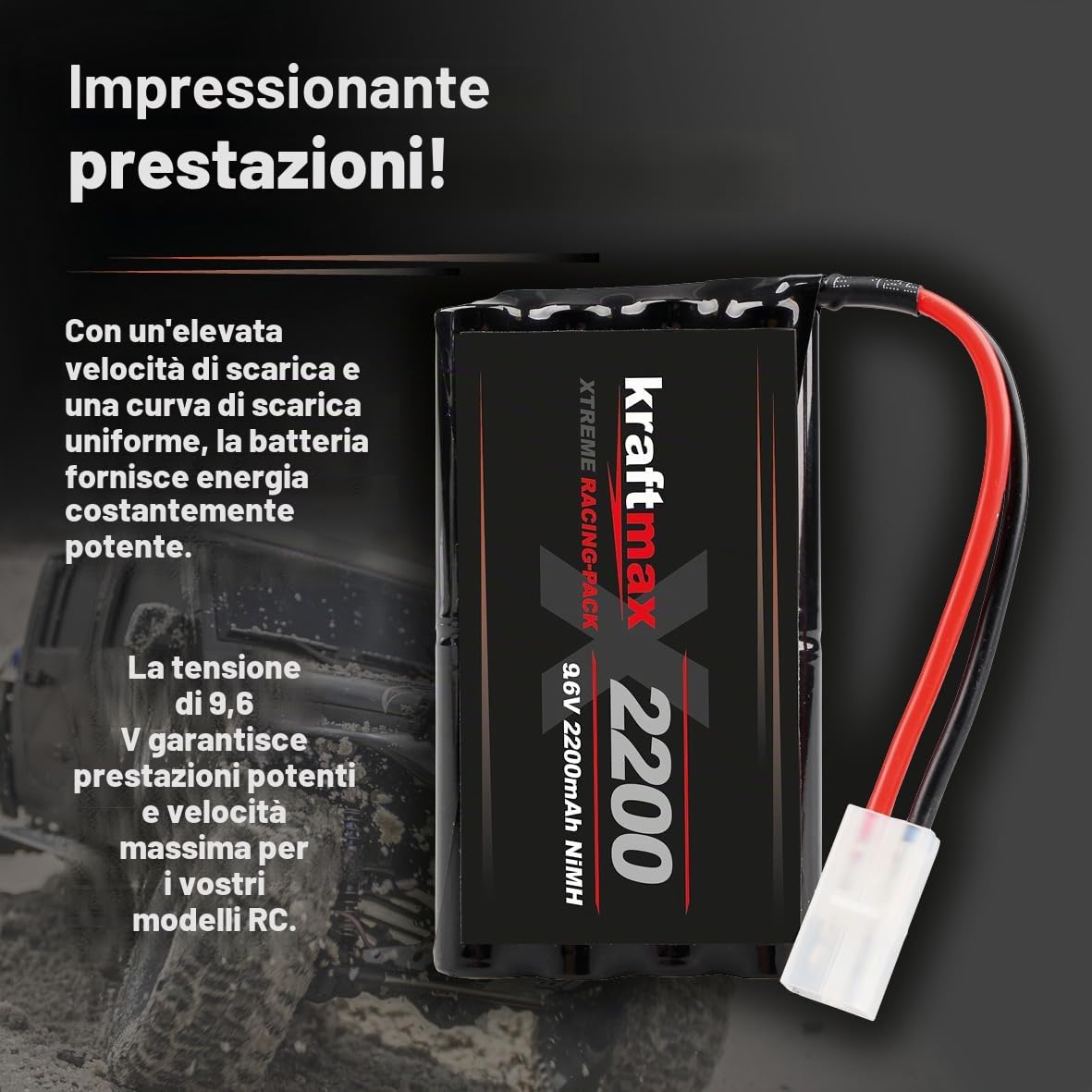 Kraftmax Batteria Racing Pack con spina Tamiya – 9,6 V/2200 mAh (min 2000 mAh) NiMH/batteria RC ad alte prestazioni