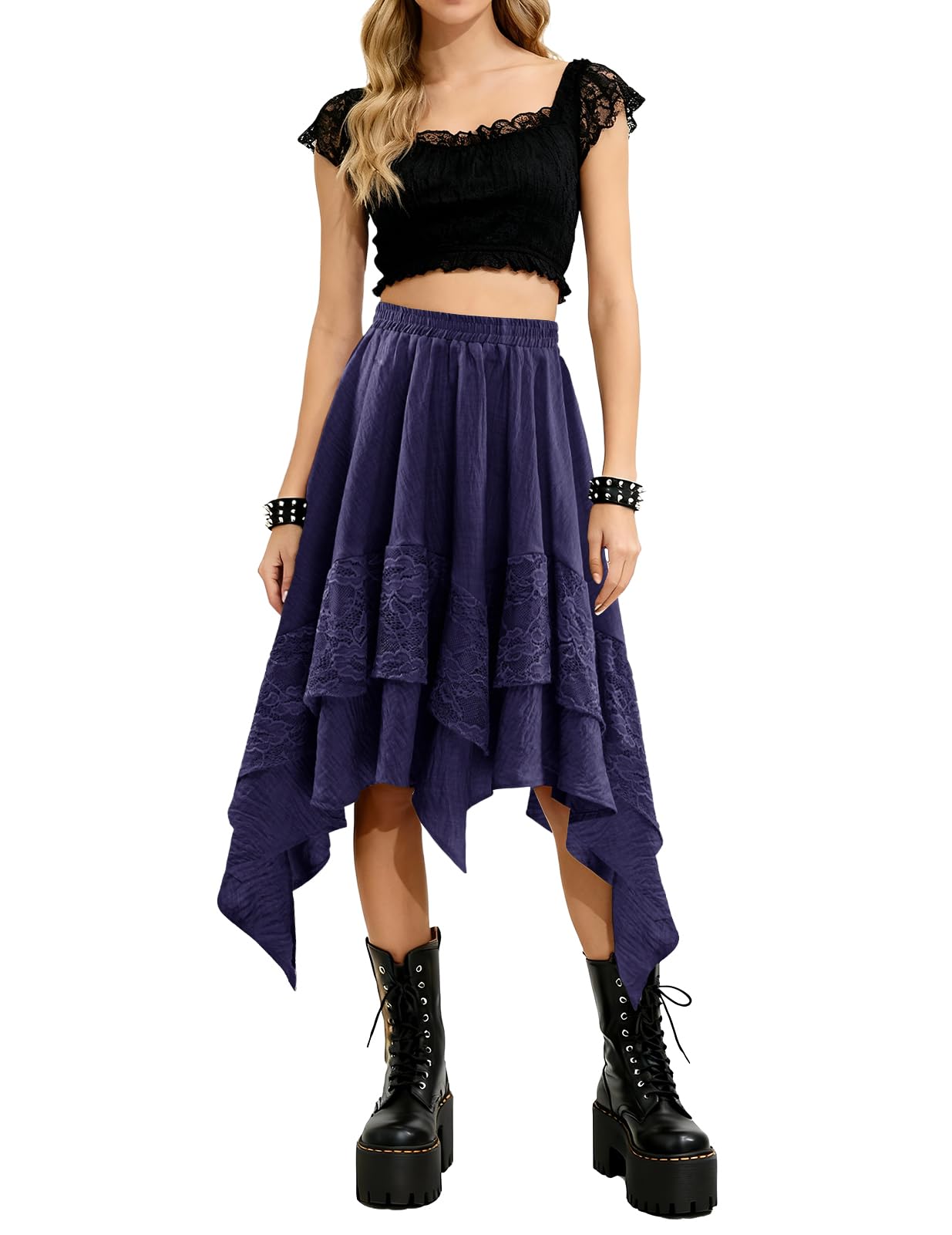 Renaissance Lace Tiered Asymmetrical Skirt for Fairy Costume Y2k Midi Gothic Skirts