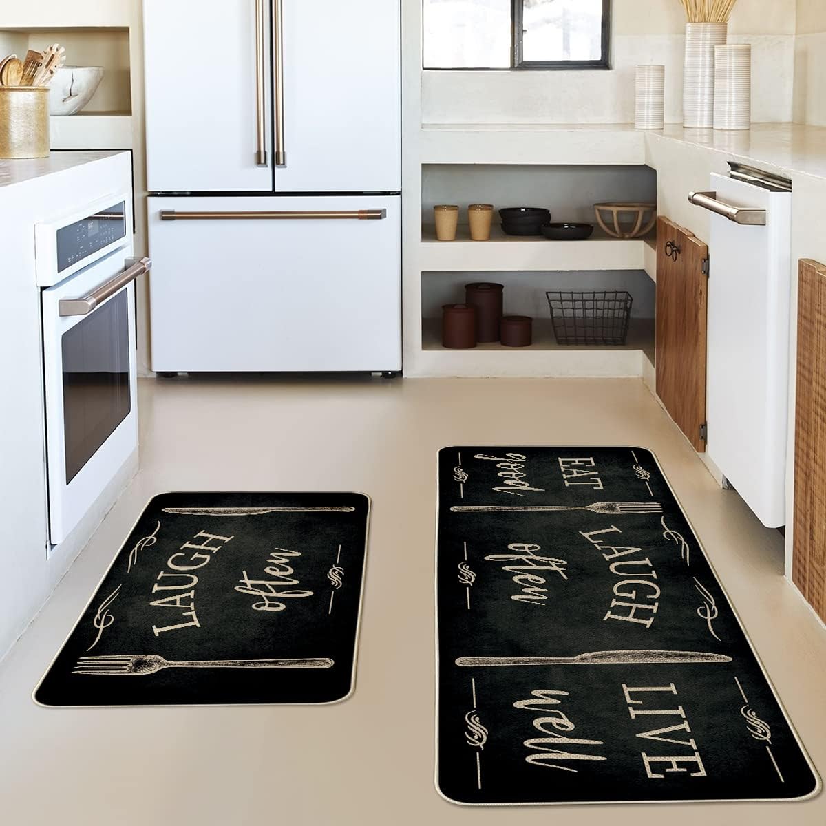 Artoid Mode Balck Eat Good Laugh Often Live Well Kitchen Mats Set of 2, Seasonal Fork and Knife Holiday Party Low-Profile Floor Mat for Home Kitchen - 17x29 and 17x47 Inch