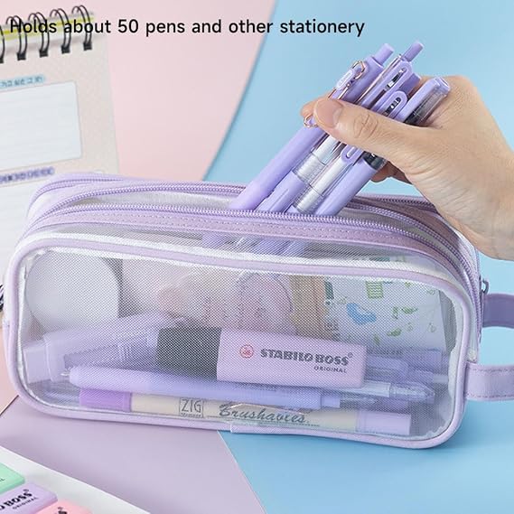 Clear Pencil Case, Big Capacity Grid Mesh Pencil Case, 2 Compartments Aesthetic Pencil Pouch for Girls Boys Secondary School, Large Stationery Organiser for Kids Teenager (Blue)