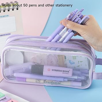 Clear Pencil Case, Big Capacity Grid Mesh Pencil Case, 2 Compartments Aesthetic Pencil Pouch for Girls Boys Secondary School, Large Stationery Organiser for Kids Teenager (Blue)