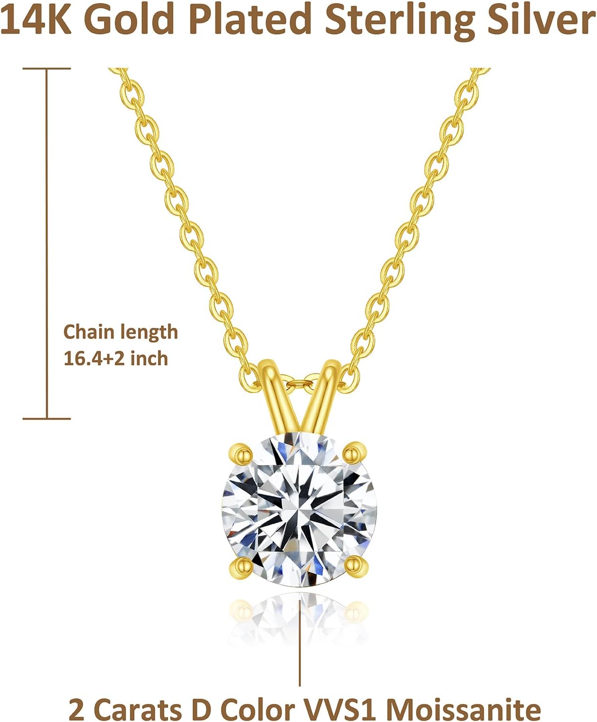 SUNFEEL 2CT Moissanite Necklace for Women Round Cut Moissanite Pendant 18K White/Yellow Gold Plated Sterling Silver Necklace D Color VVS1 Solitaire Pendant with 16+2 Inch Chain Jewelry for Mom/Wife - Image 6