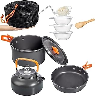 SKEIDO Camping Cookware Mess Kit 11Pcs Portable Outdoor Pots Pans Cooking Set Compact Lightweight Durable Non-Stick Cook Set for Backpack Hiking Picnic BBQ Travel with Kettle Pot Frying Pans Bowls