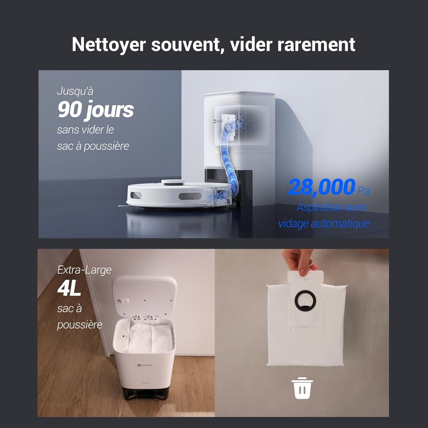 Image showing the EZVIZ RE4 Plus robot vacuum returning to its auto-empty station, with an illustration of dust being transferred. Below, a 4-liter dust bag is shown being removed from the station.