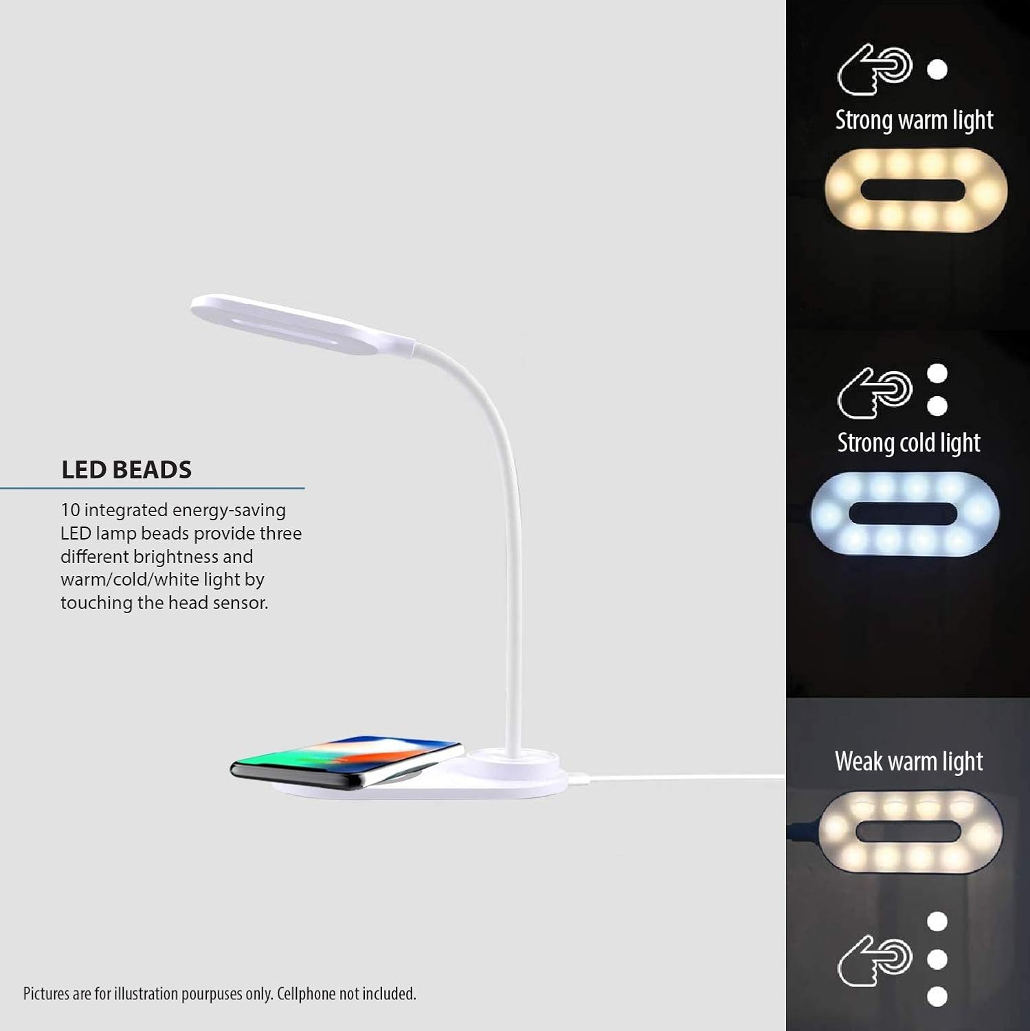3 Brightness Level Dimmable LED Desk Lamp with Wireless Charger, Eye-Caring Table Lamps, Table Lights,3 Color Light, Wireless Charging Desk Light Flexible Rotation Touch Control Night Light for Kids