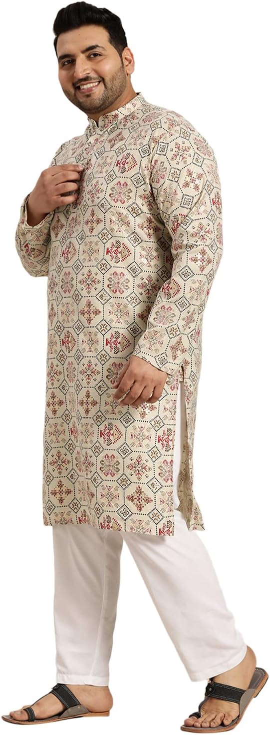 Sojanya Plus (Since1958) Men's Cotton Linen Yellow and Multi Printed Kurta and White Pyjama Set