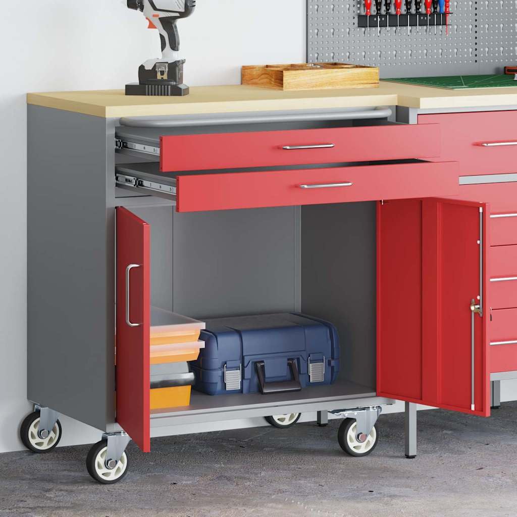 vidaXL Carrello da lavoro a rulli Rosso e Grigio 75 x 45 x 85 cm, Banco da lavoro, tavolo industriale modulare, resistente con spazi per organizzare attrezzi e materiali