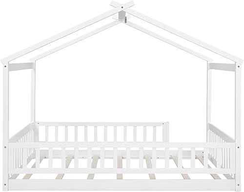 Miniatura 8 de Harper & Bright Designs Cama de casa matrimonial con rieles, cama de piso completo para niños, marco de cama Montessori de tamaño matrimonial con