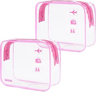 WANDF TSA Approved Toiletry Bag, 2 Packs Travel Clear Toiletry Bag, Quart Size Makeup Cosmetic Pouch with Zipper, Carry-On Airport Compliant Bag for Women and Men (2pcs Pink)