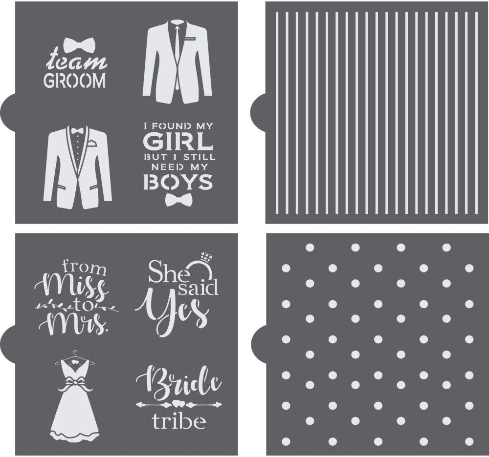 Wedding Party | Cookie Stencils | 4 Sheet Value Bundle | Bride & Groom | from Miss to Mrs. | for Cookies, Cakes, Cards, Paper, Fabric