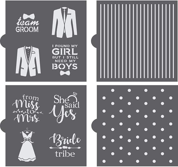 Wedding Party | Cookie Stencils | 4 Sheet Value Bundle | Bride & Groom | from Miss to Mrs. | for Cookies, Cakes, Cards, Paper, Fabric