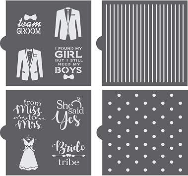 Wedding Party | Cookie Stencils | 4 Sheet Value Bundle | Bride & Groom | from Miss to Mrs. | for Cookies, Cakes, Cards, Paper, Fabric