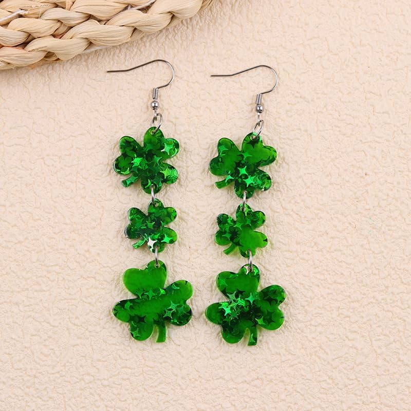 St. Patrick's Day Clover Dangle Earrings for Women Acrylic Glitter Green Clover Earrings Irish Shamrock Tassel Earrings Good Luck Holiday Jewelry Gifts - Image 3
