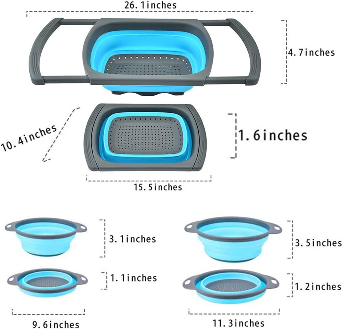 CdyBox New Version 11Pack Silicone Kitchen Strainer Collapsible Colander with Foldable Silicone Measuring Spoon Measuring Cup Kitchen Good Tools (Blue) 9.6 * 1.1
