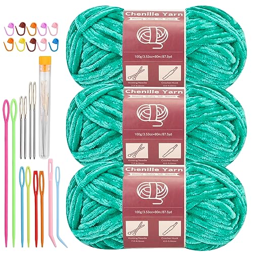 LUNARM Chenille Yarn for Crocheting Knitting, 3 Pack of 100g/3.5oz Velvet Yarn Thick Soft Chunky Fluffy Weaving Plush for Blankets Clothes Pattern Creations 263 Yard with Big Eye Needles (Jade Green)