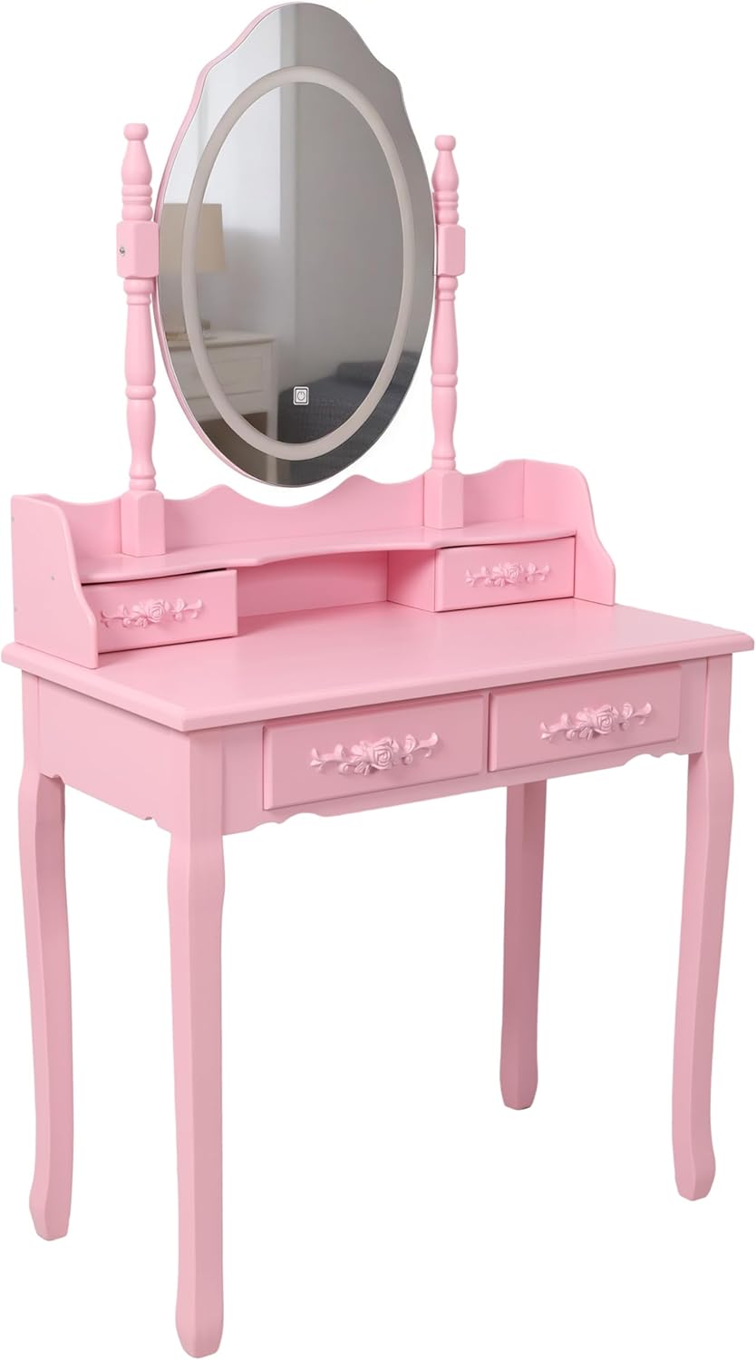 ZenithX Pink Princess Vanity Desk Set with Mirror & Cushioned Stool, Adjustable Light Modes, 4-Drawer Wooden Makeup Vanity Table with Large Storage for Girls’ Bedroom, Elegant Dressing Table