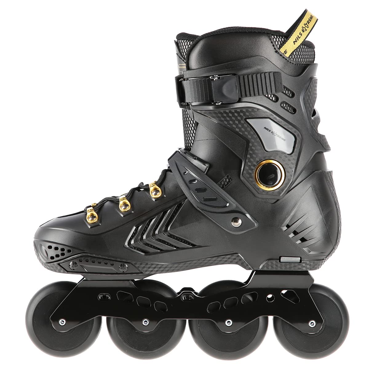 Nils Extreme Rollers pour homme et femme - Rollers en ligne - Roulements ABEC9 - Rollers adultes - Roulettes 85A - Rollers - Noir et or - NA20002