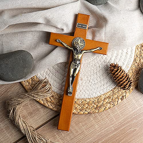Kuxbet Crucifix Wall Cross Wooden Jesus Christ Catholic Hanging Wall Cross For Home Decor 10 Inch - Golden Oak #TOP2