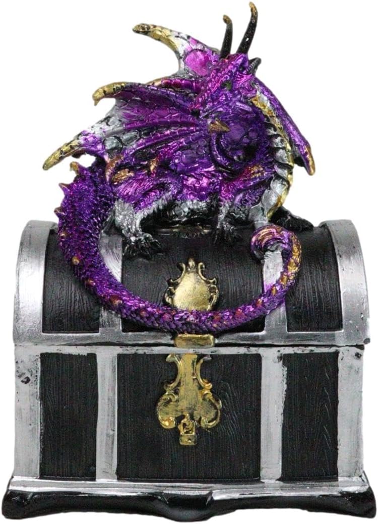 Ebros Gift Medieval Purple Midnight Dragon Guarding Lion Treasure Chest Small Decorative Trinket Jewelry Box Figurine 4" Long Medieval Renaissance Winged Alchemy Dungeons Dragons Decorative Sculpture