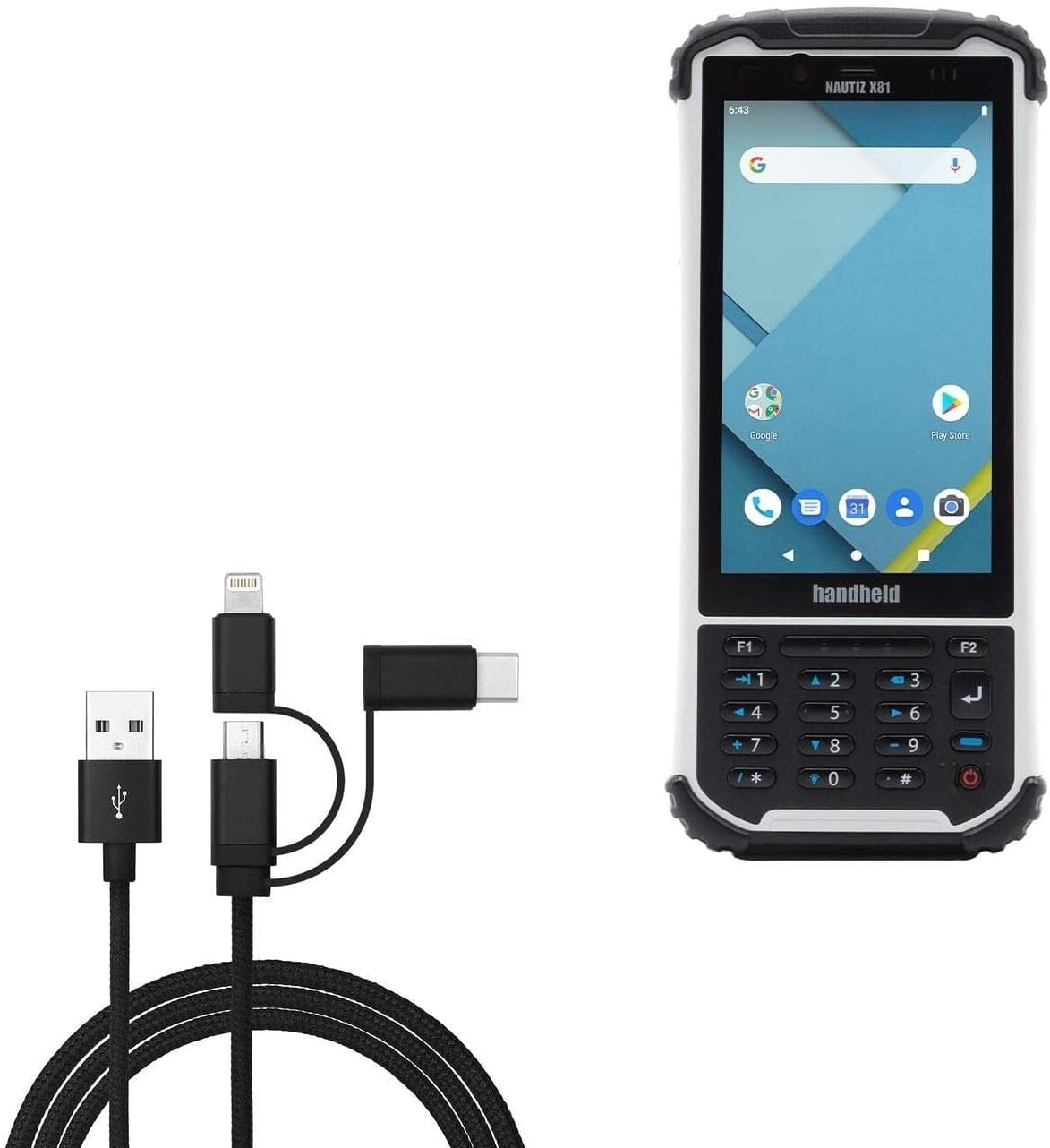 BoxWave Cable Compatible with Handheld Nautiz X81 - AllCharge 3-in-1 Cable - Jet Black