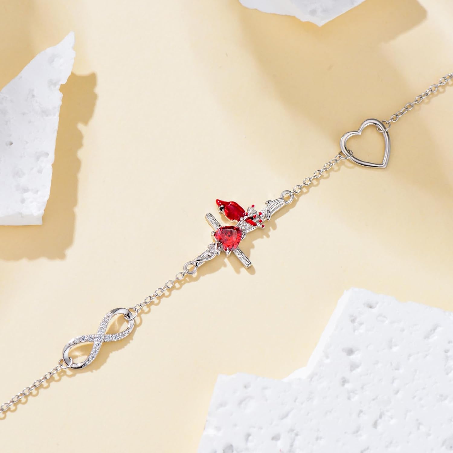 Red Cardinal Bird Bracelet for Women Natural Garnet 925 Sterling Silver Cardinal Cross Bracelet Memorial Sympathy Jewelry Cardinal Bird Gifts for Loss of Loved