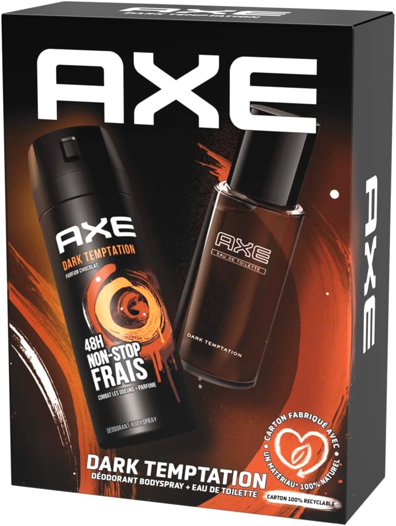 Coffret cadeau homme Dark Tentation avec 2 produits un déodorant bodyspray de 200 ml et une eau de toilette de 100 ml au parfum masculin et délicieusement frais de chocolat noir