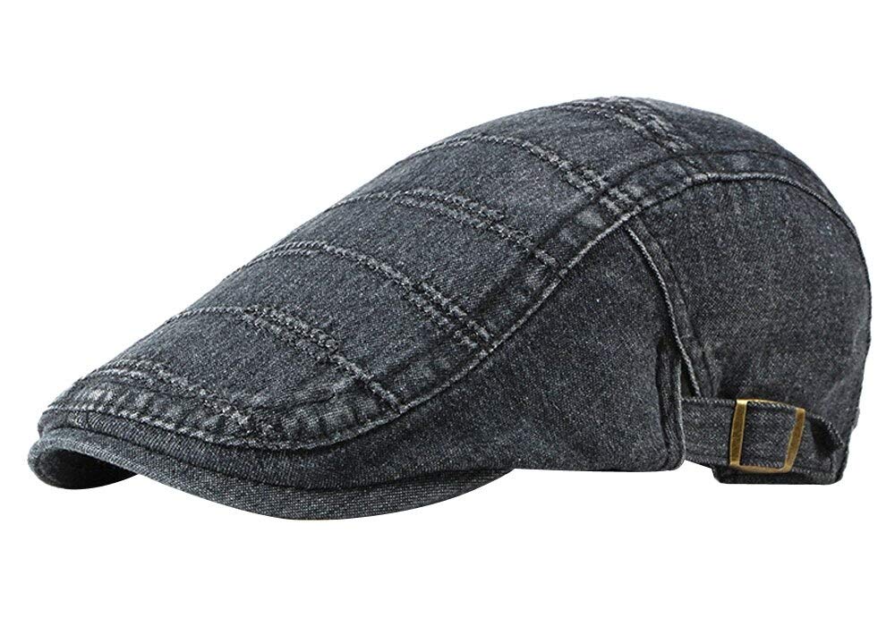 Kangqifen Mens Womens Flat Cap Washed Denim Short Brim Casual Newsboy Cap (Black)
