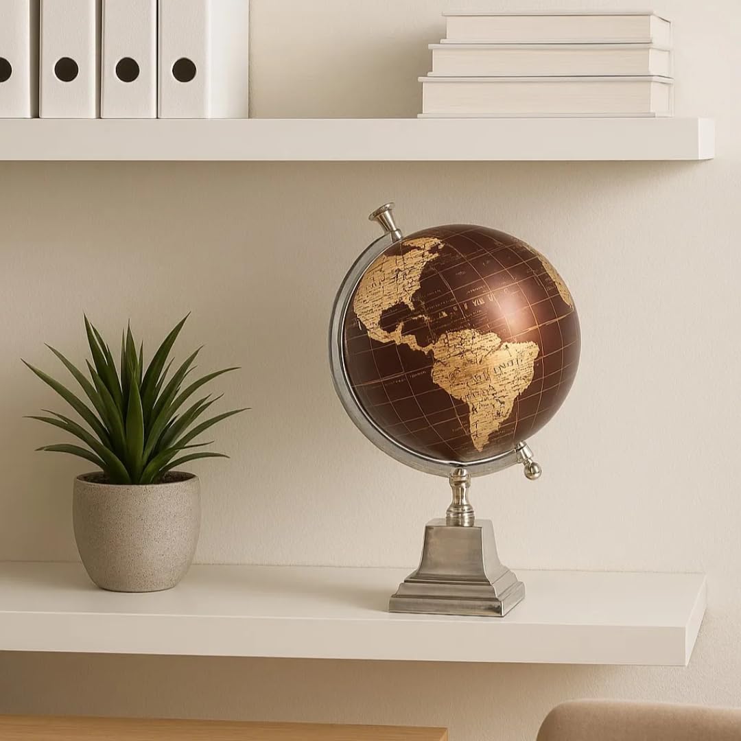 Chocolate Brown Metal World Globe – 15″H Decorative Globe with Silver Aluminum Square Pedestal Base, Brown & Gold Tabletop Accent