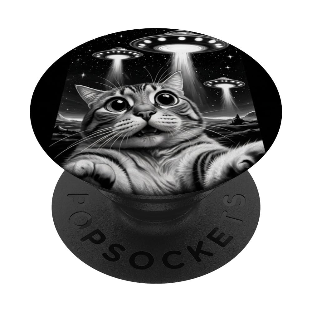 Cat UFO Funny Invasion Meme Retro Alien Cat lover UFO Selfie PopSockets Adhesive PopGrip