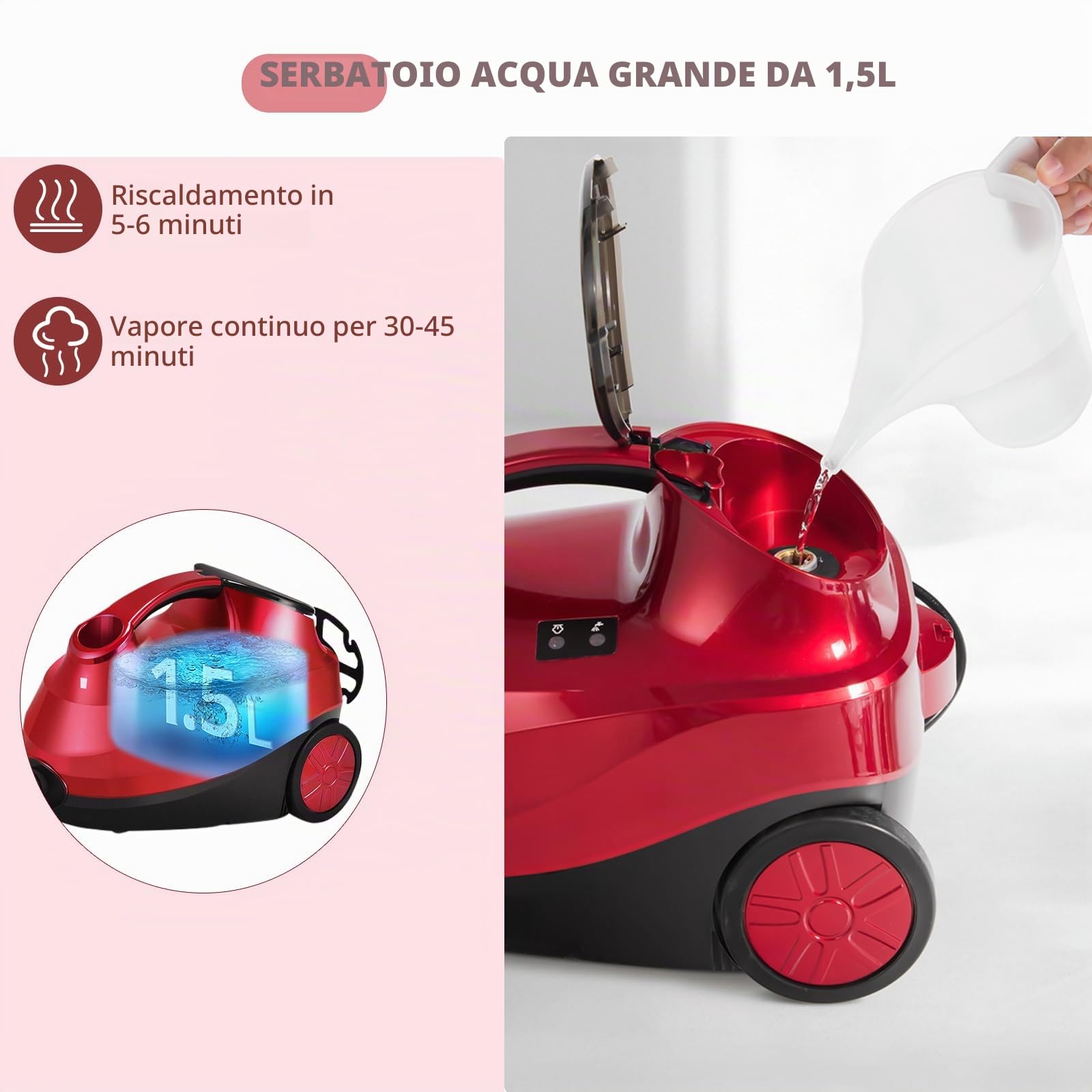 SOARS Pulitore a Vapore Portatile 2000W, Pressione del Vapore: 4 Bar, Massimo 108℃, Preriscaldamento: 5-6 Min, Serbatoio dell'Acqua: 1,5L, con 19 Accessori, per Divano, Pavimento, Finestra (Rosso)