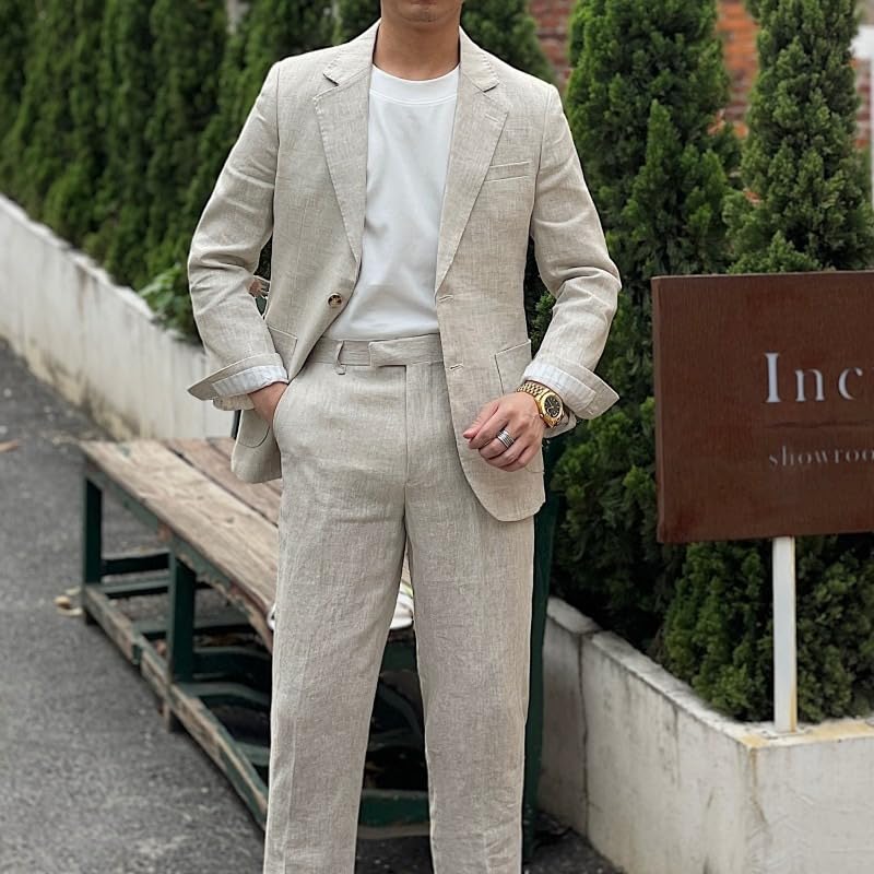 Men's Linen Suit Summer Beach Wedding 2 Pieces Classic Retro Linen Suit Set2