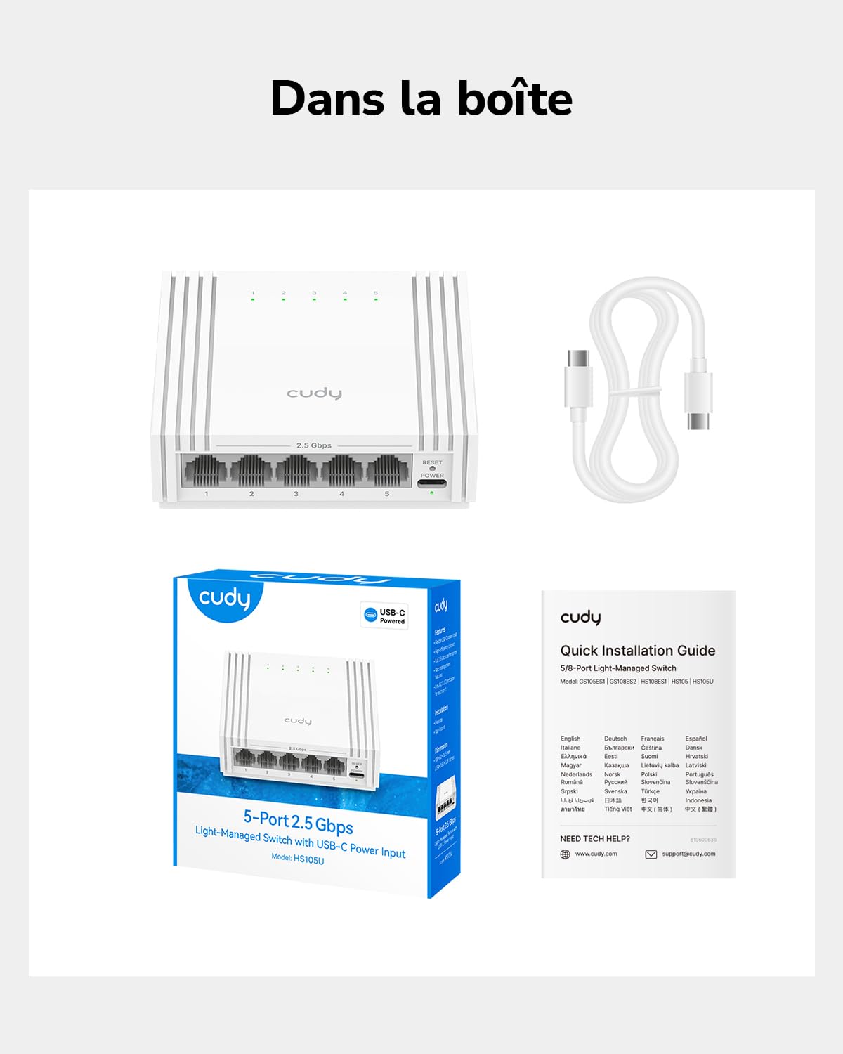 Cudy Commutateur Intelligent 5 Ports 2 Professionnel, HS105U | 5 ports 2, 5 GbE, alimentation via Type-C, débit de 25 Gbps, gestion via une interface Web, QoS, LAG, profession