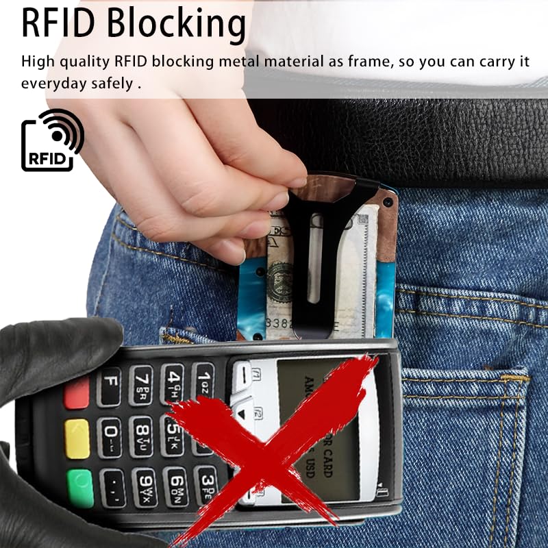 Image of Wallet for Men, Minimalist Slim RFID Blocking Resin Wood Credit Card Holder with Money Clip, Easily Removable Cash&Card Metal Wallet,Resin River,Natuarl Walnut Wood,Unique Pattern,Gift for Men