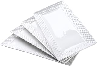 12 inch Serving Platters Set of 4, Ceramic Serving Tray, Large Rectangular Plates, Embossed White Serving Platters for Steak, Sushi, Appetizer, Desserts, Wedding Party, Oven & Dishwasher Safe