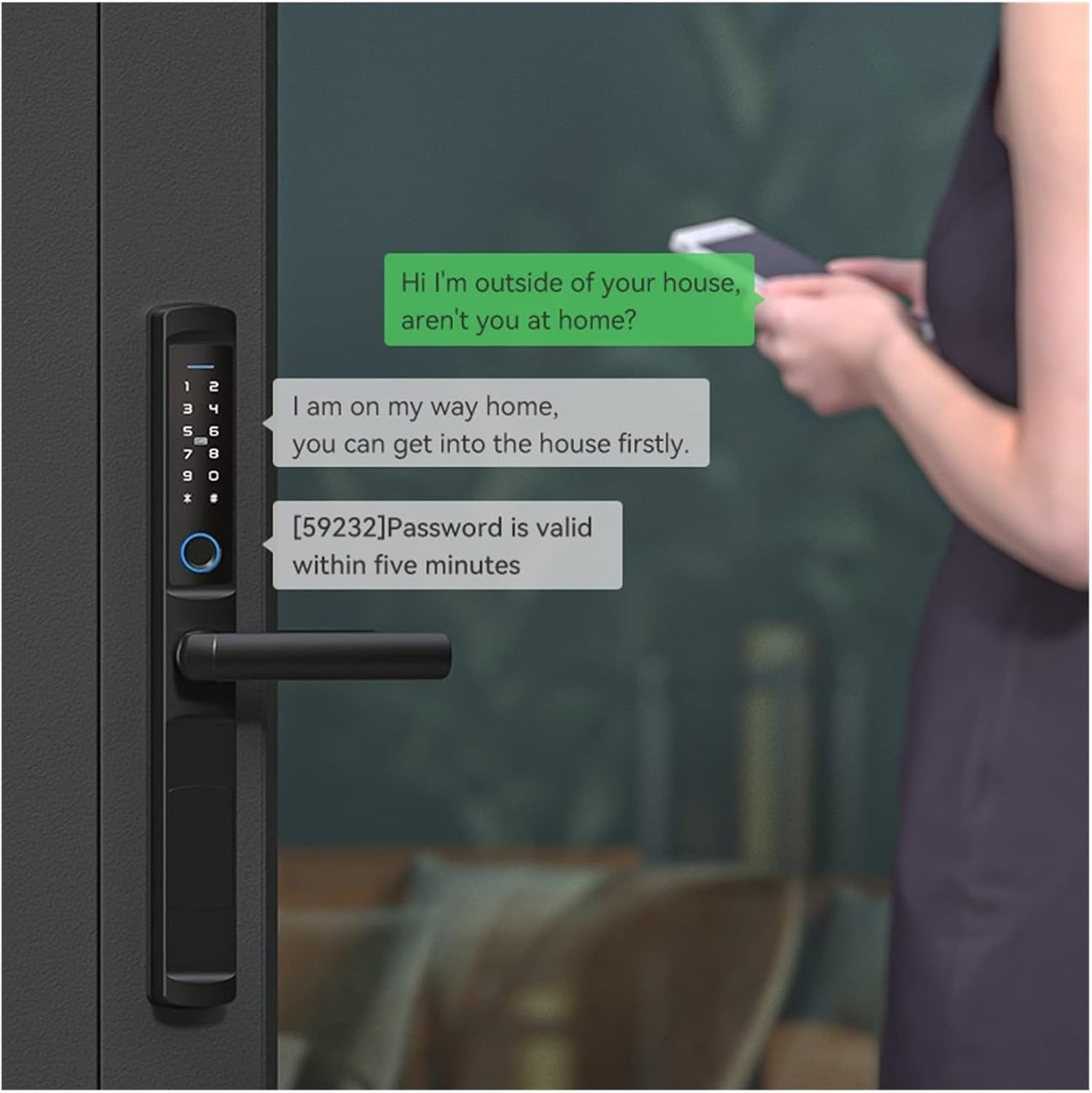 Person using smartphone app to remotely unlock the smart door lock