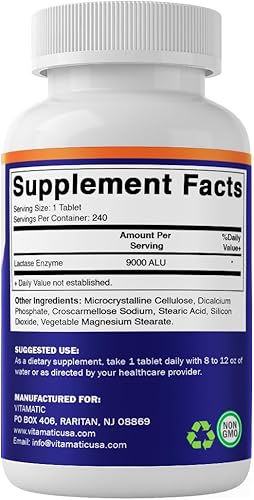 Miniatura 8 de Vitamatic Lactase Enzyme 9000 FCC 240 Tabletas de Alivio de Intolerancia a la Lactosa - Paquete de 2