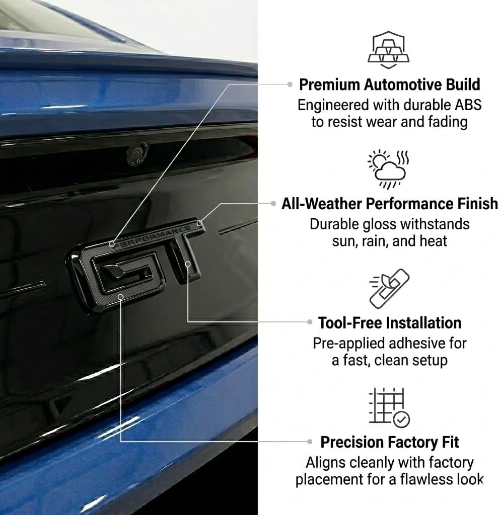 GT Badge Emblem Black – Rear Decklid Trunk Badge Replacement Compatible with 2024+ Mustang GT (S650), Gloss Black ABS, Easy Install