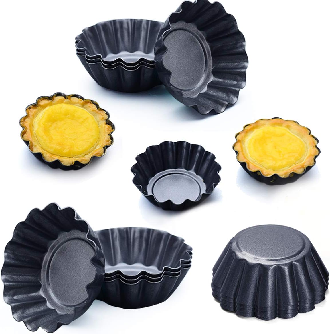 Picowe 12 Packs Egg Tart Mold, Size 2.6 x 0.9inch, Cupcake Cake Muffin Mold Tin Pan Baking Tool, Carbon Steel