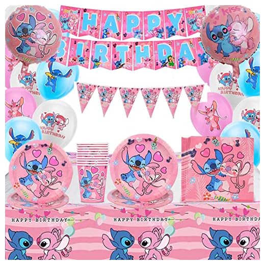 Juego de Vajilla de Fiesta Lilo Stitch,Vajilla Cumpleaños Lilo y Stitch,Kit de Vajilla de Cumpleaños Stitch,Mantel, Toalla de Papel, Taza, Plato, para Decoraciones de Fiesta de Cumpleaños Niños