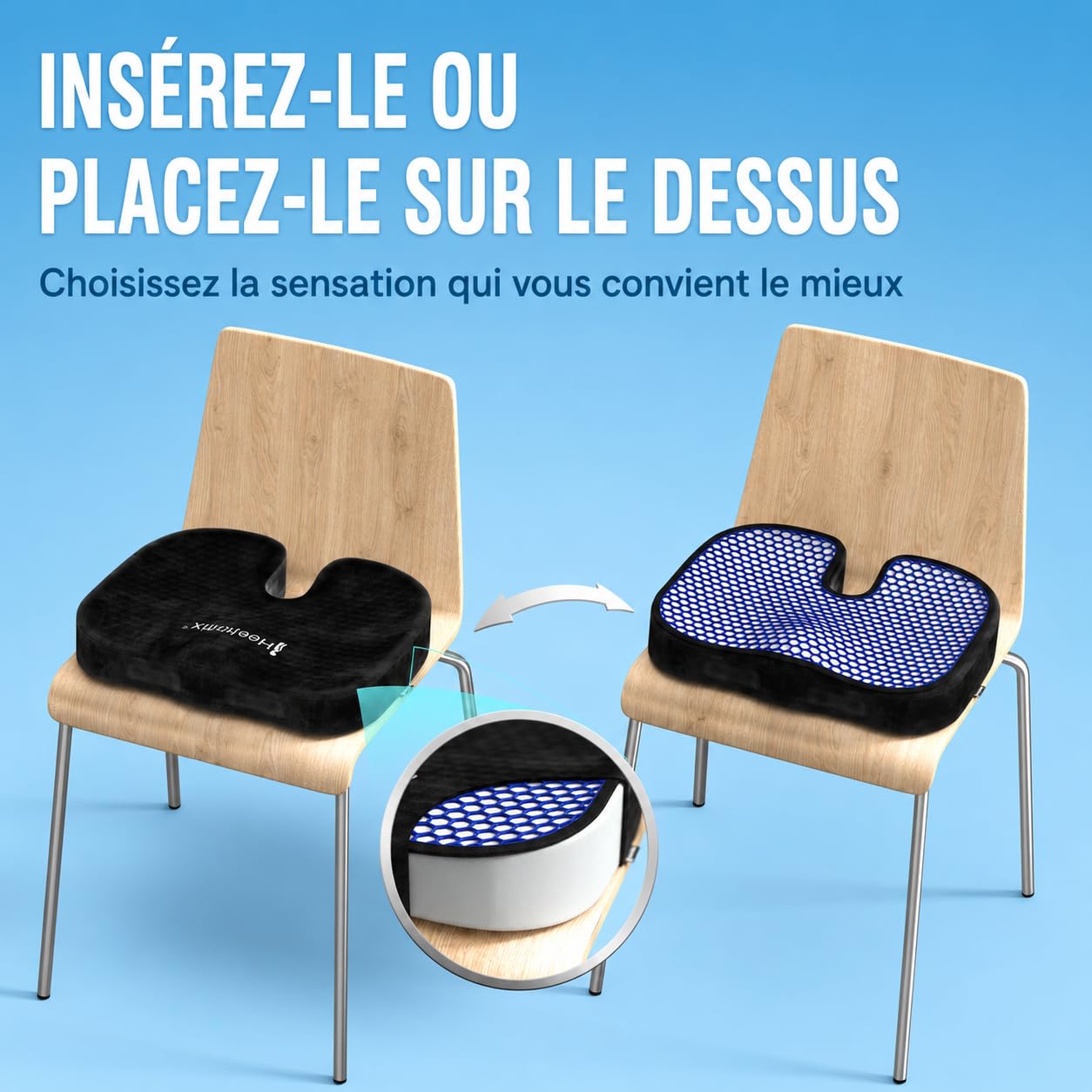 Healthfix Coussin orthopédique pour chaise de bureau, soulagement du coccyx, avec couche en nid d'abeille et housse en velours, coussin d'assise ergonomique pour bureau, voiture, maison, 45 x 36 x 7