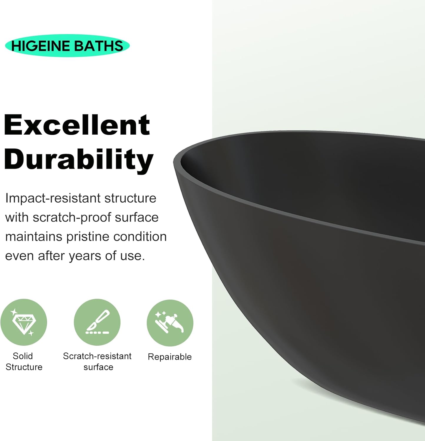 55" Premium Solid Surface Freestanding Bathtub, Upgraded Oval Stone Resin Tub with Overflow and Pop-up Drain, Matte Black