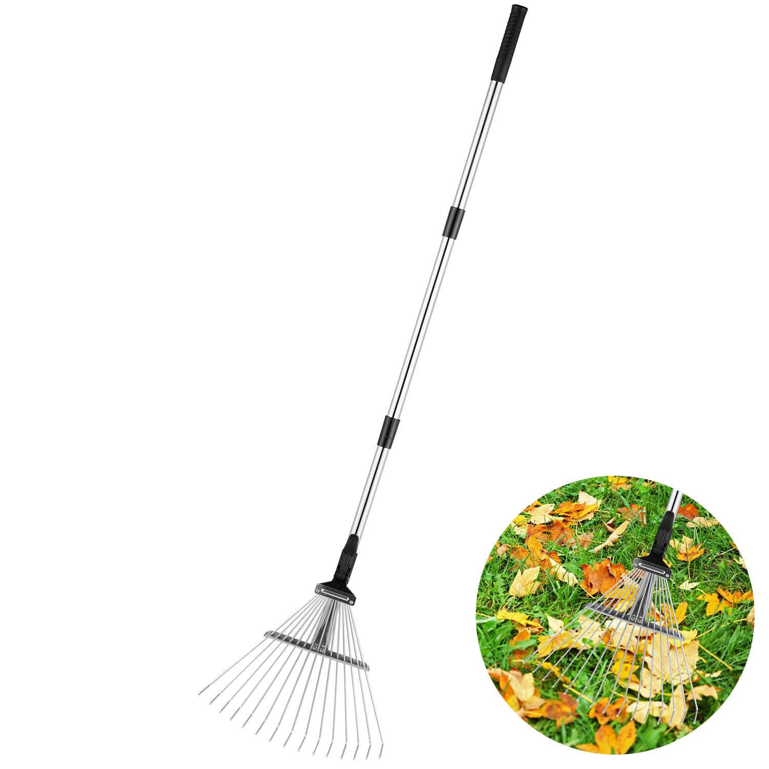 Adjustable Metal Leaf Rake 60 inch, 15 Tines Collapsible & Telescopic - Garden, Yard, and Lawn - Ideal for Leaves, Shrubs