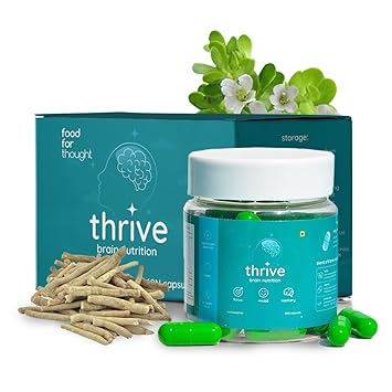 Food for Thought Thrive - Focus, Memory & Mood Boster - Nootropic - Brain Supplement - Vit B6,B9,B12, Ashwagandha, Brahmi, Ginseng, L Tyrosine, L Tryptophan, L Theanine (1 Month Pack, 60 Capsules)