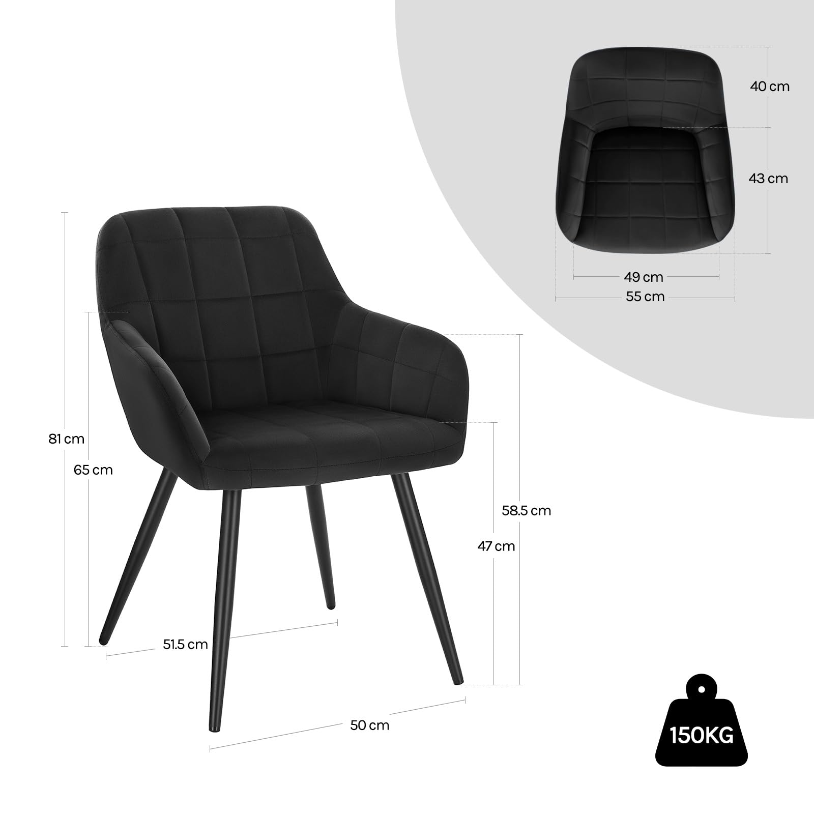 WOLTU Sedia per Sala da Pranzo Imbottita, Poltroncina in Velluto,Sedia da Cucina con Braccioli e Schienale, Gambe in Metallo, moderne,Nero,